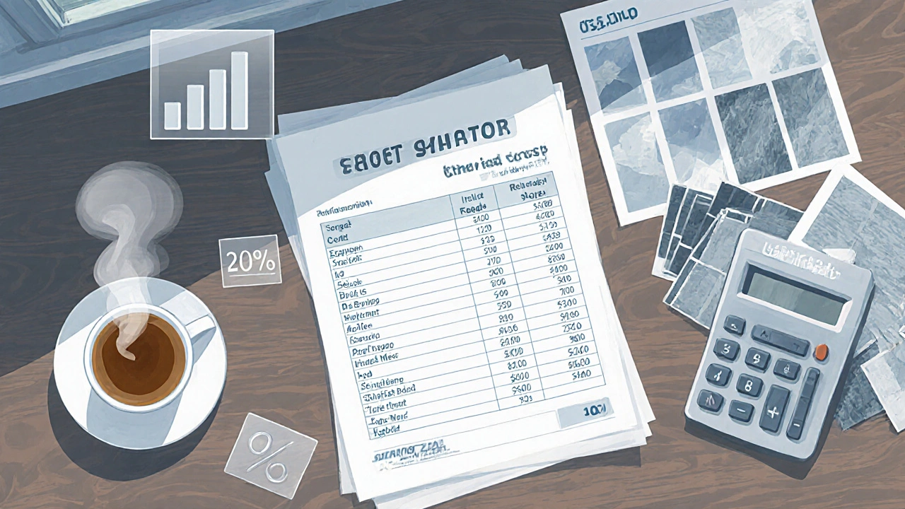 Arbeitsplatte mit Kostenplan, Rechner, Materialproben und schwebenden Prozentbalken.