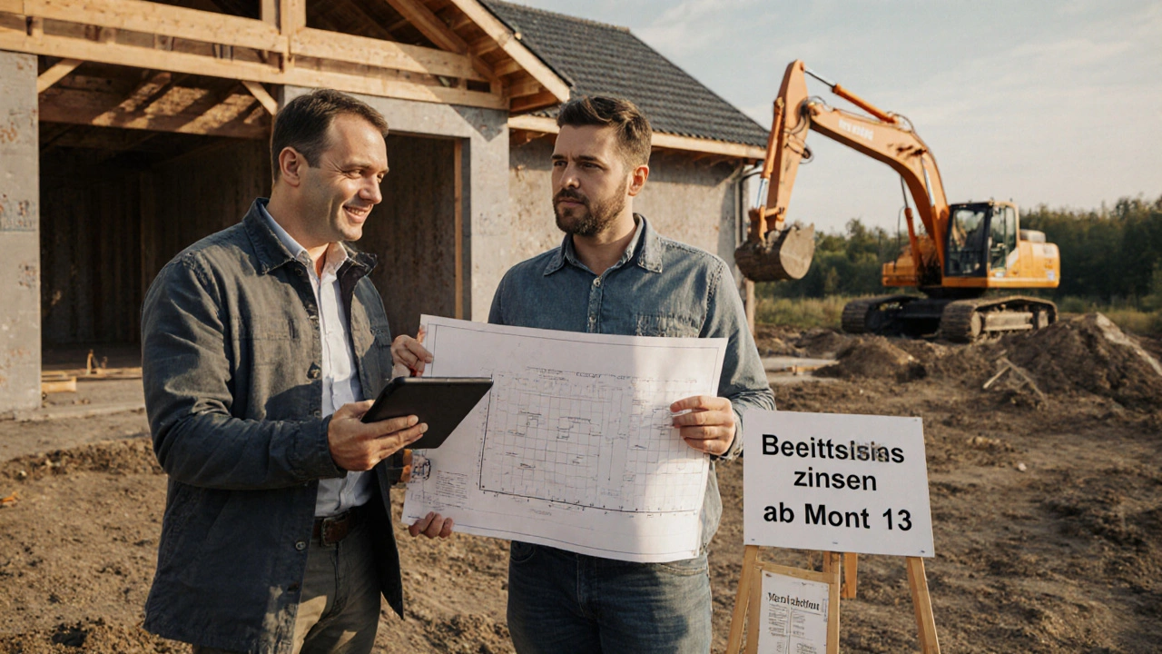Ein Bauherr bespricht mit einem Bankberater den Baufortschritt und die Bereitstellungszinsen vor einem halbfertigen Haus.
