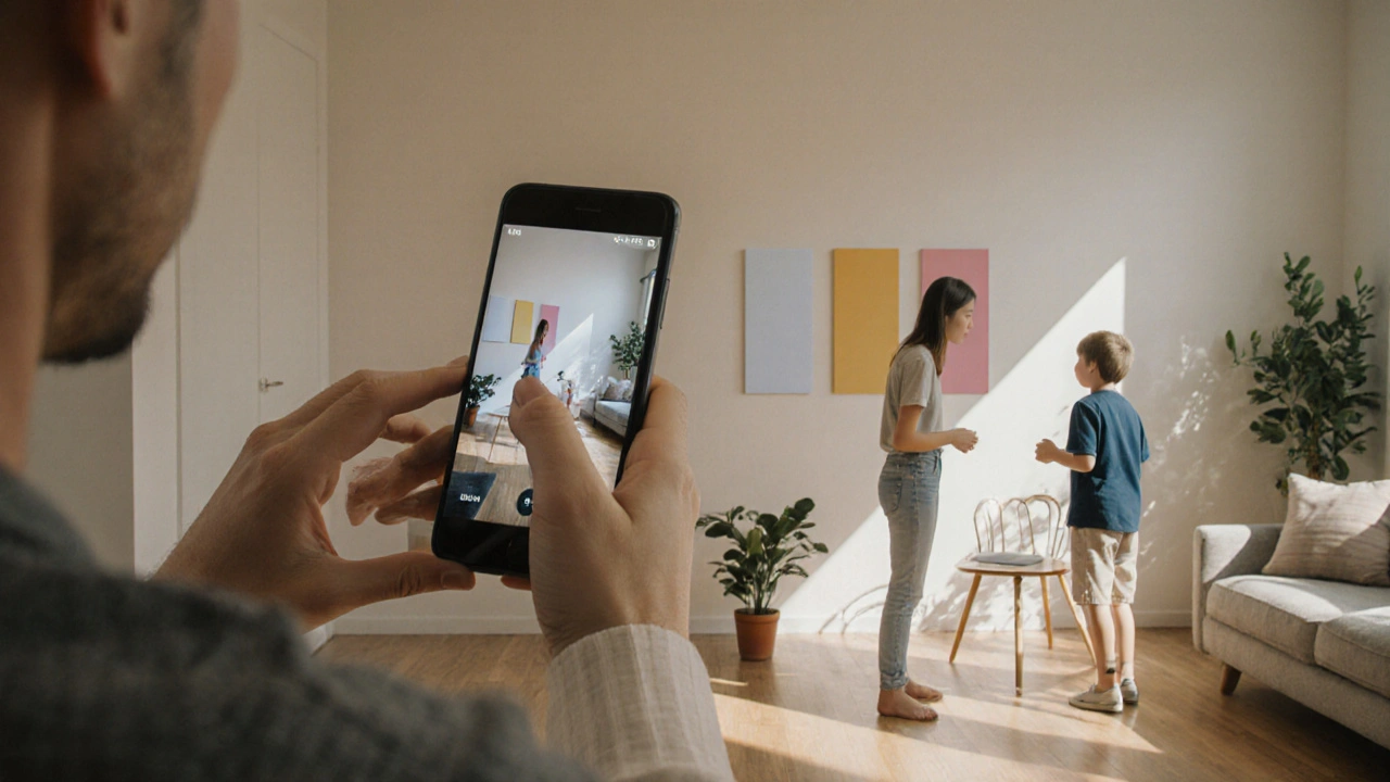 Familie sieht durch Smartphone die virtuelle Wandfarbe auf der echten Wand erscheinen.