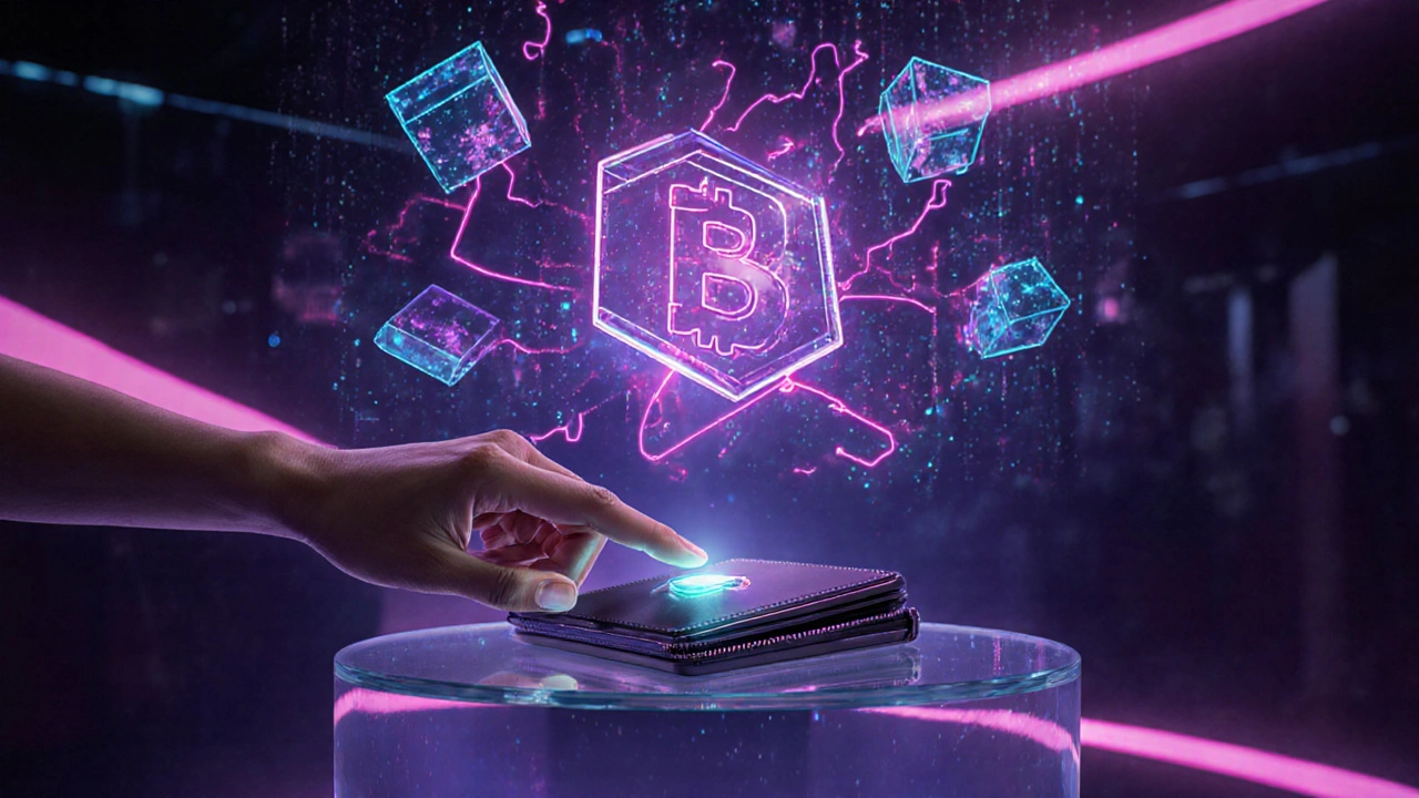 Futuristischer Handscan autorisiert Hardware‑Wallet, umgeben von holographischer Blockchain.