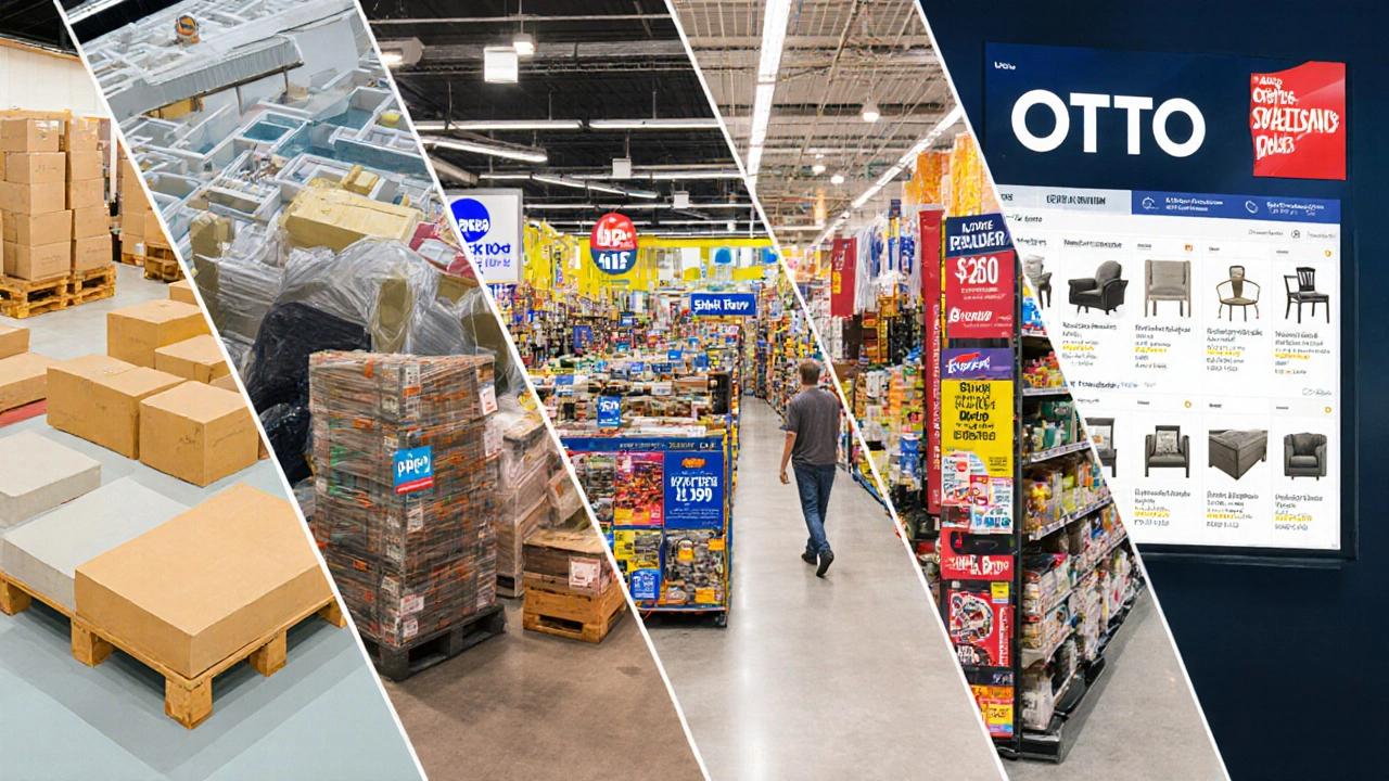 Illustration der Top‑5 Möbelhändler: IKEA, XXXLutz, Poco, Roller und OTTO in unterschiedlichen Ladenwelten.