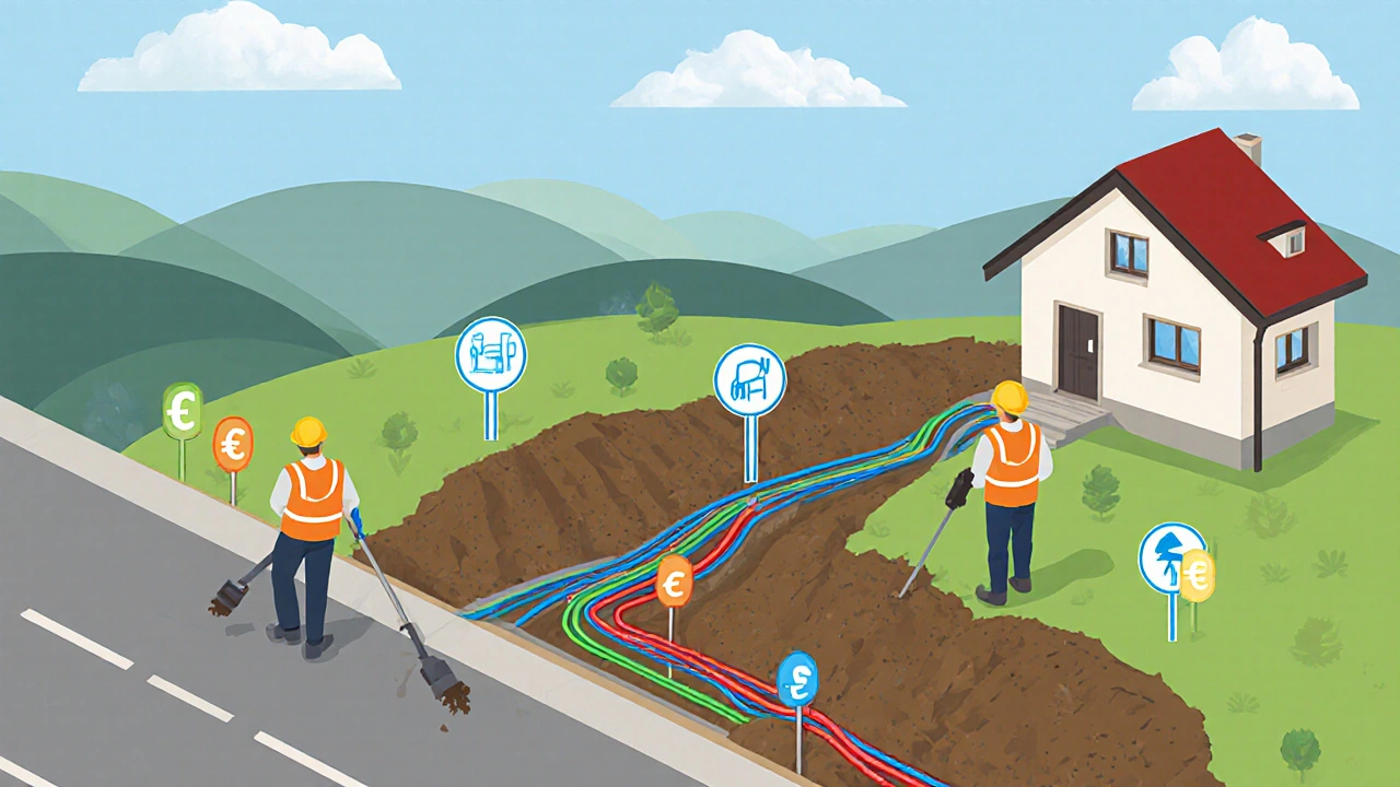 Isometrische Baustelle mit bunten Leitungen und Symbolen für Kosten und Meter.
