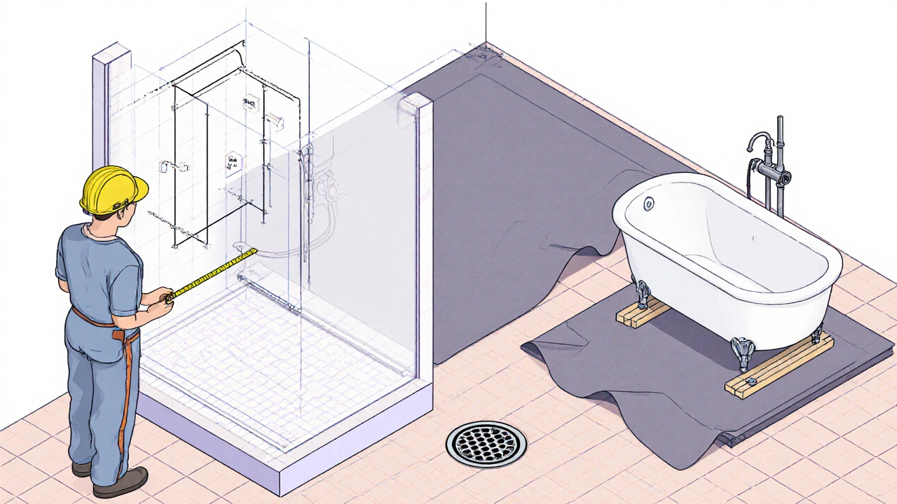 Isometrische Darstellung: Messung, EPDM‑Folienverlegung, Badewannenständer und Leitungen.