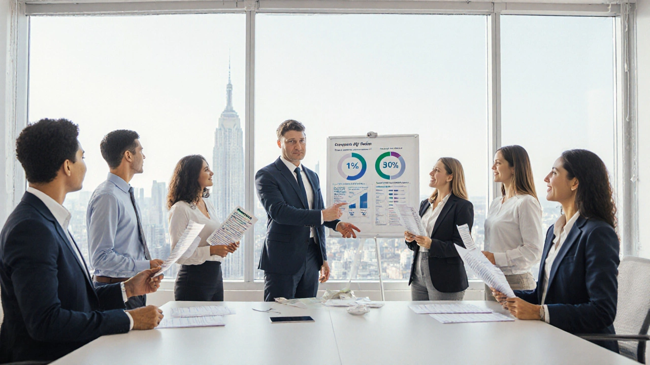 Menschen mit Unterlagen in einer Finanzberatung, während ein Experte auf eine Grafik mit Kreditbedingungen zeigt.