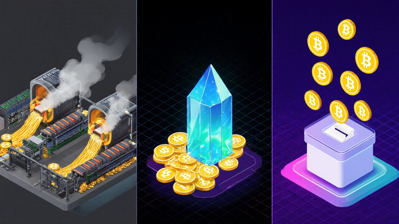 Mining‑Rigs und Staking‑Validatoren geben Coins aus, daneben ein Token‑Stimmabgabe‑Symbol.