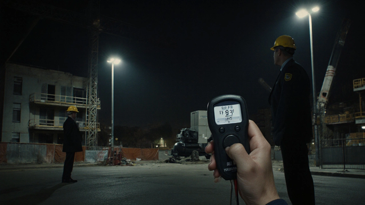 Nachts an der Baustelle: Lärmmessung mit Überschreitung, Beamter und Anwohner im Blickfeld