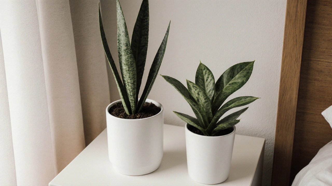 Nahaufnahme von Sansevieria und Zamioculcas in kleinen Töpfen auf einem Nachttisch.
