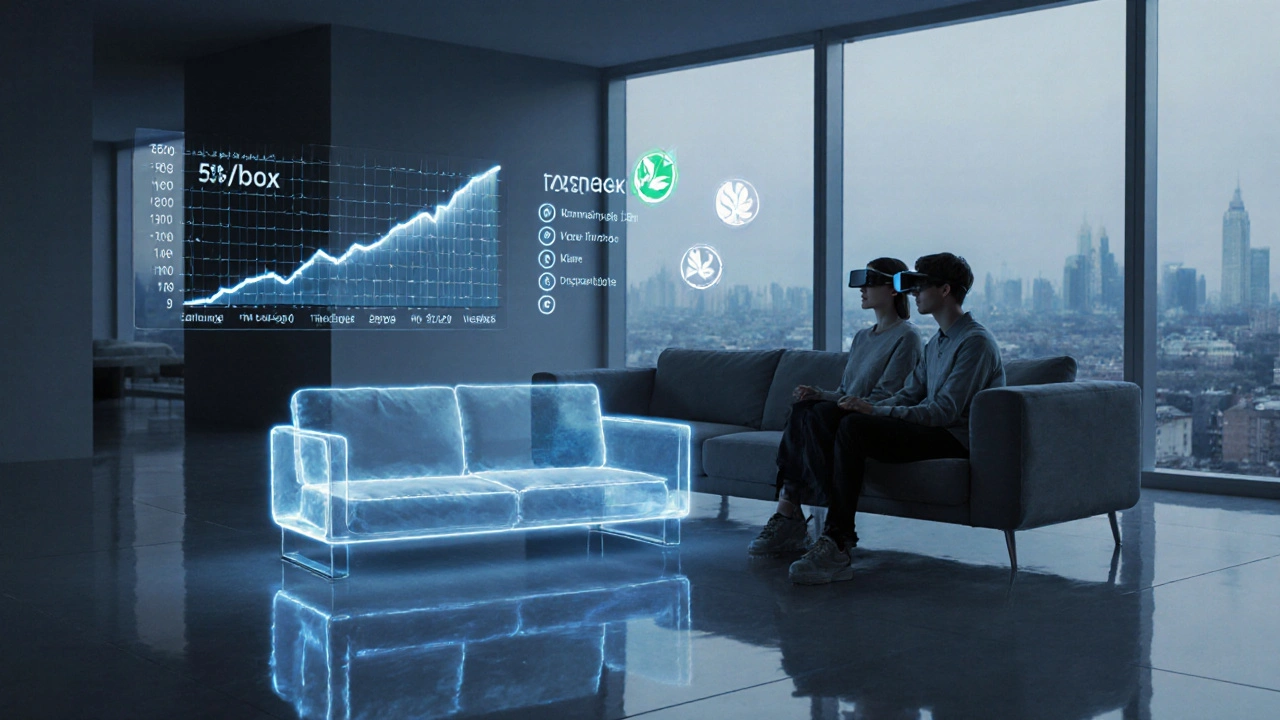 Paar nutzt AR‑Brille, um virtuell ein Sofa im Wohnzimmer zu platzieren, umgeben von Nachhaltigkeits‑ und Online‑Trendsymbolen.