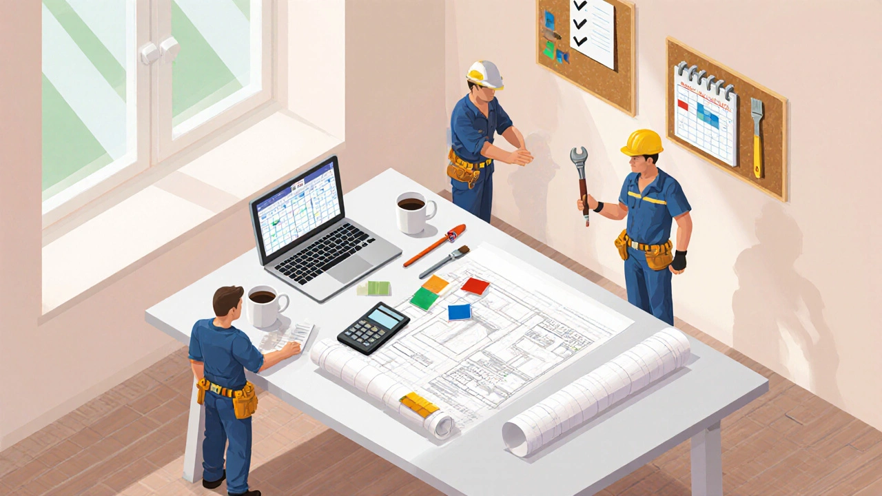 Planungstisch mit Bauplan, Materialmustern und Handwerkern im Gespräch.