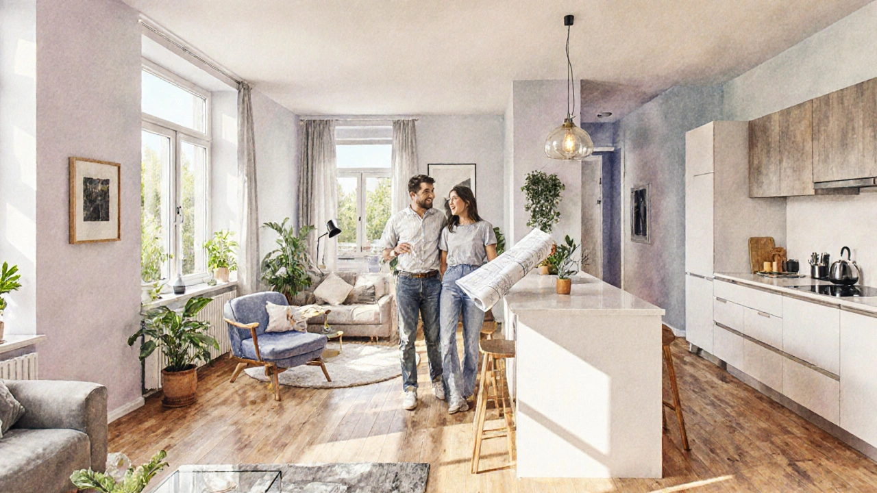 Renovierte Wohnung mit lächelndem Paar, Pflanzen und natürlichem Licht.
