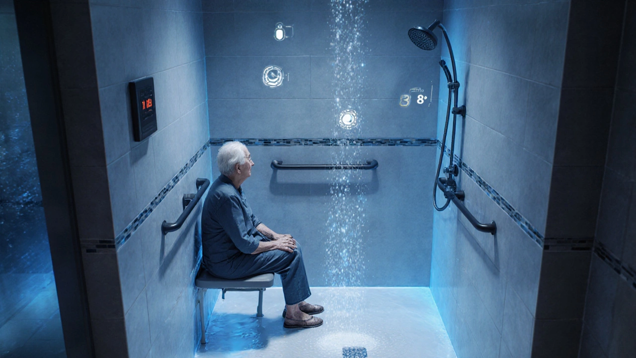 Smart-Dusche mit Bewegungssensoren und Notrufsystem, sicherer Sitz und gleichmäßiger Wasserablauf.