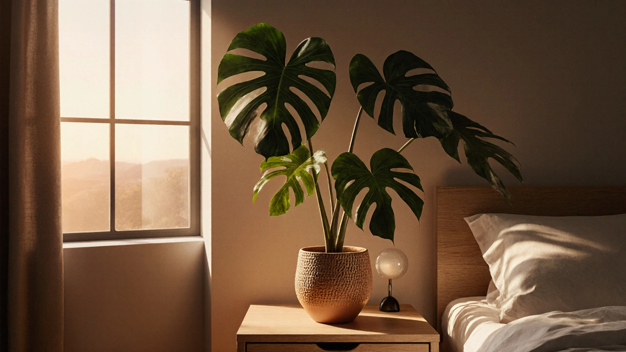 Stilvolle Szene mit Monstera auf modernem Nachttisch bei warmem Abendlicht.