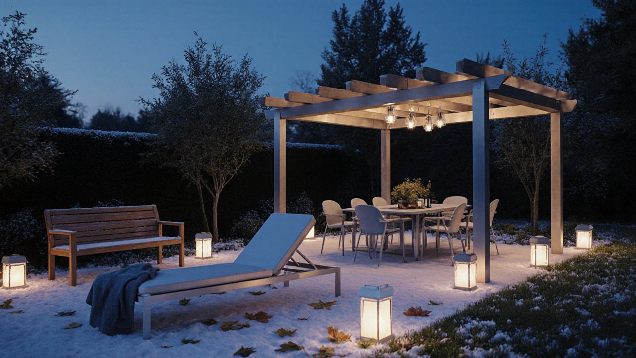 Stilvolles Garten-Set aus Edelstahl, Aluminium und Teak bei Dämmerung.