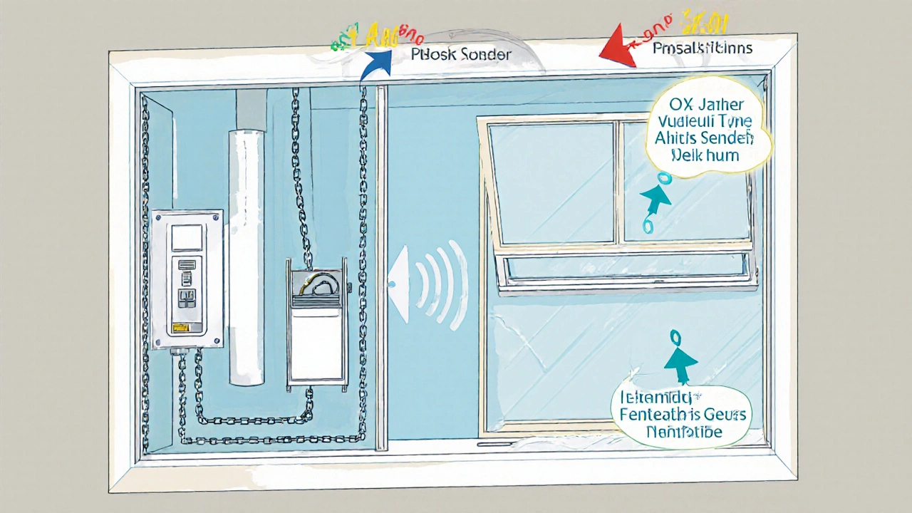 Technische Darstellung eines Kellerlüftungssystems mit Sensoren, Steuereinheit und Luftstromrichtungen.