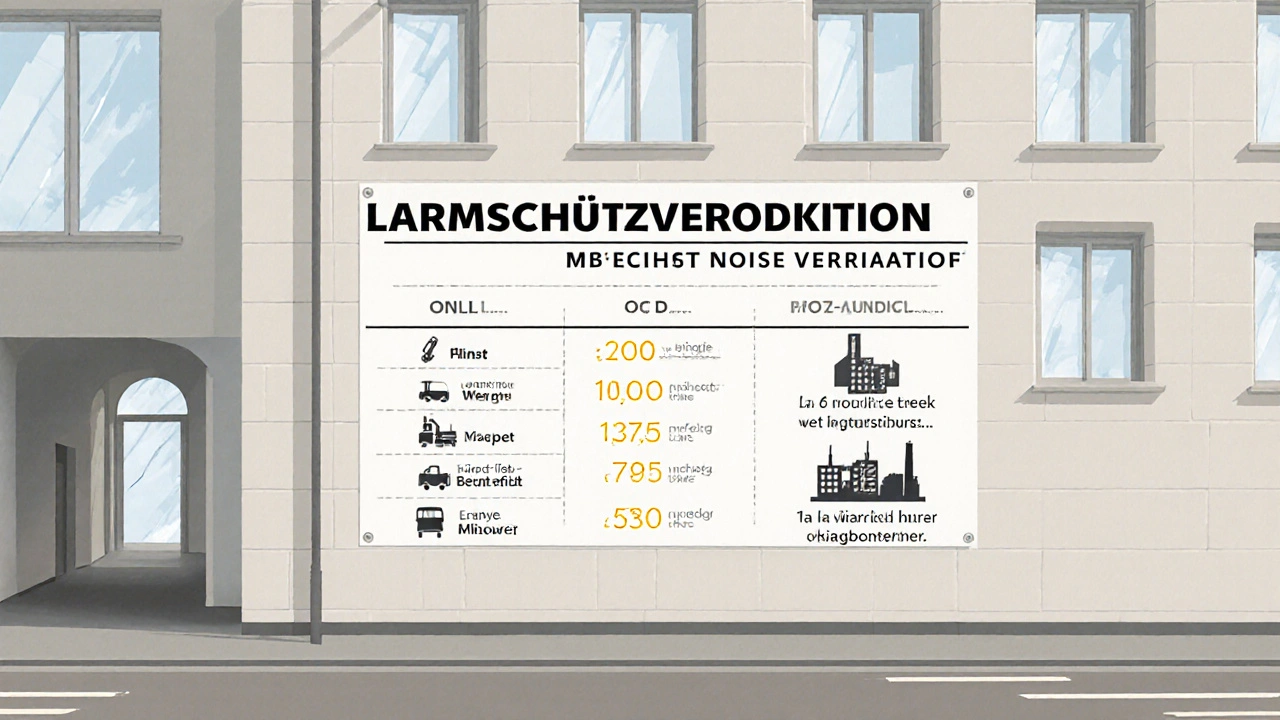 Vergleich der Lärmschutzgrenzwerte für Wohn-, Misch- und Gewerbegebiete in symbolischer Darstellung