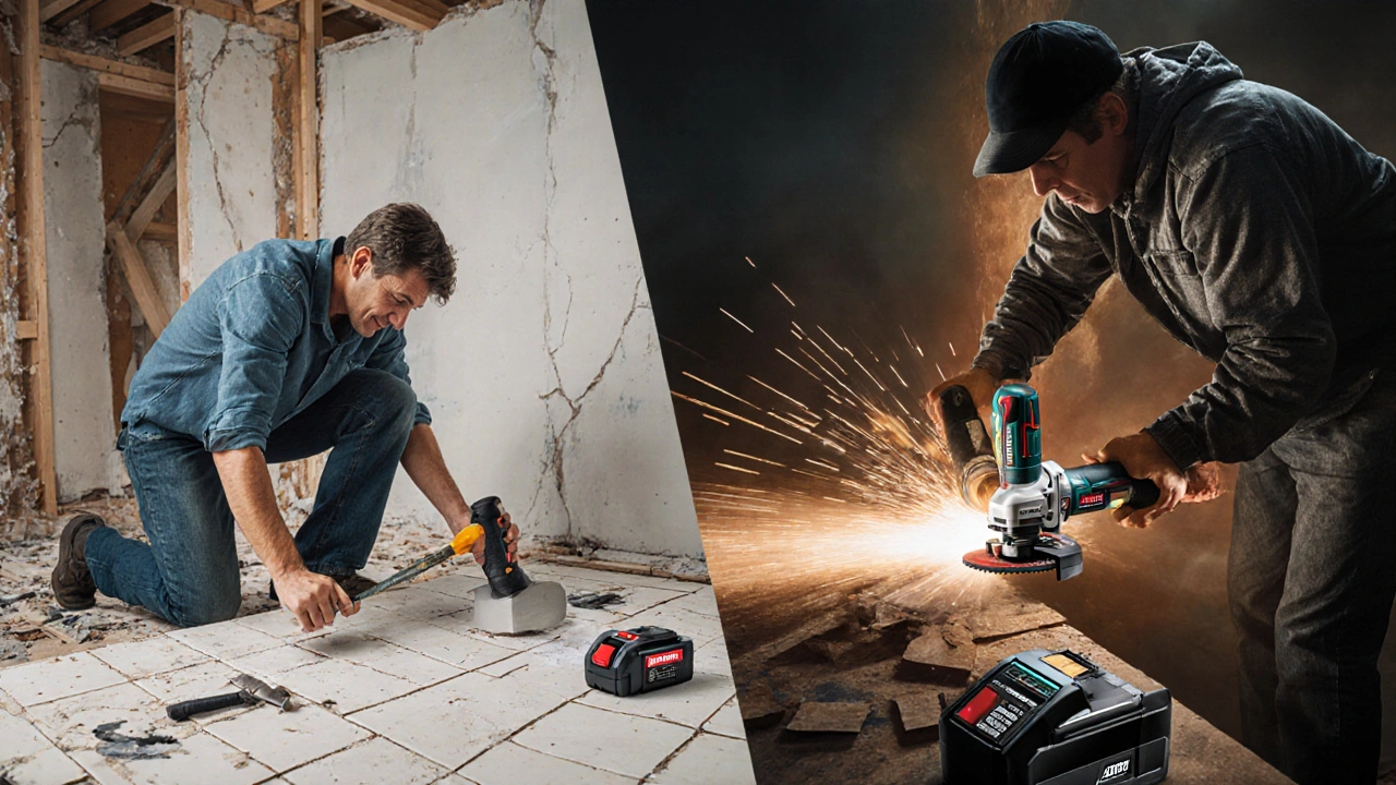 Vergleich: Links manuelle Werkzeuge mit Anstrengung, rechts moderne Akkugeräte mit Leichtigkeit.