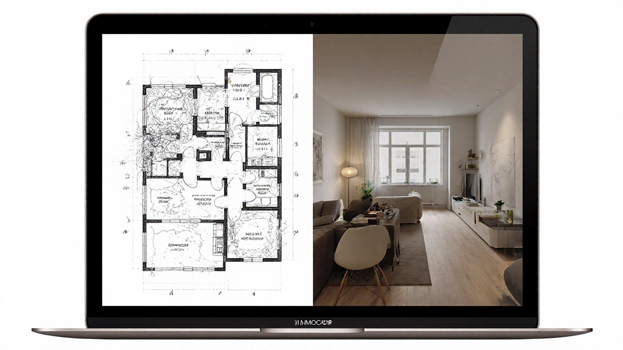 Vergleich: unscharfe Handzeichnung neben präziser 3D-Visualisierung für Renovierungsplanung.