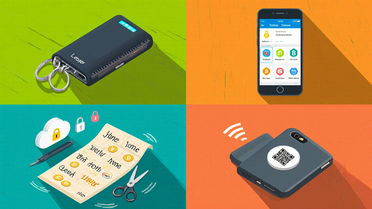 Vier Wallet‑Arten: Hardware, Software, Mobile und Papier, als farbige Vektor‑Grafik.
