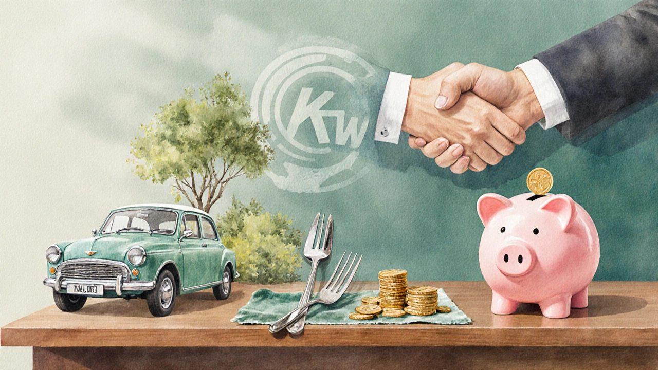 Wasserfarb-Montage von Vintage‑Auto, Antikschmuck, Sparschwein und KfW‑Handschlag.