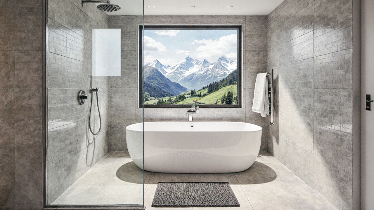 Wasserfarbige Szene des fertigen Badezimmers mit Badewanne im Duschbereich und Glasabtrennung.
