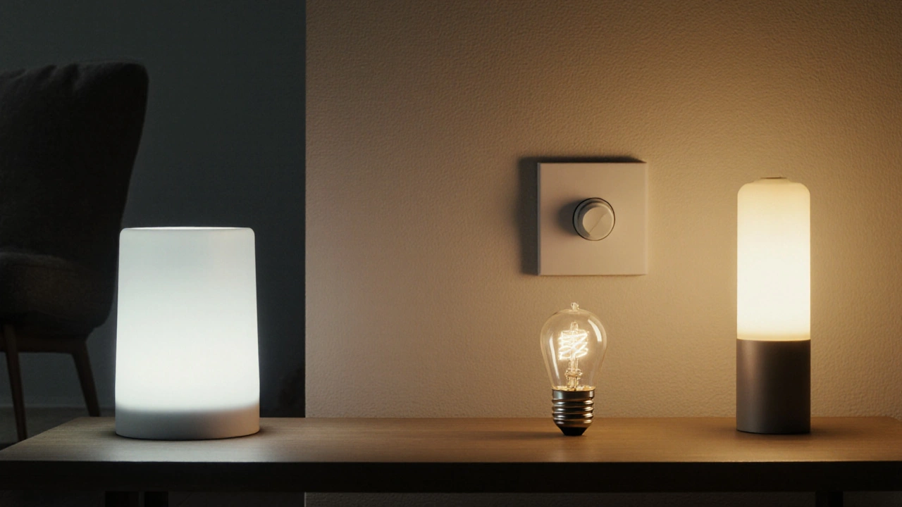 Wohnzimmer mit gleichzeitig leuchtenden LED-, Glüh- und Halogenlampen, jede mit unterschiedlicher Farbtemperatur und Wärme.