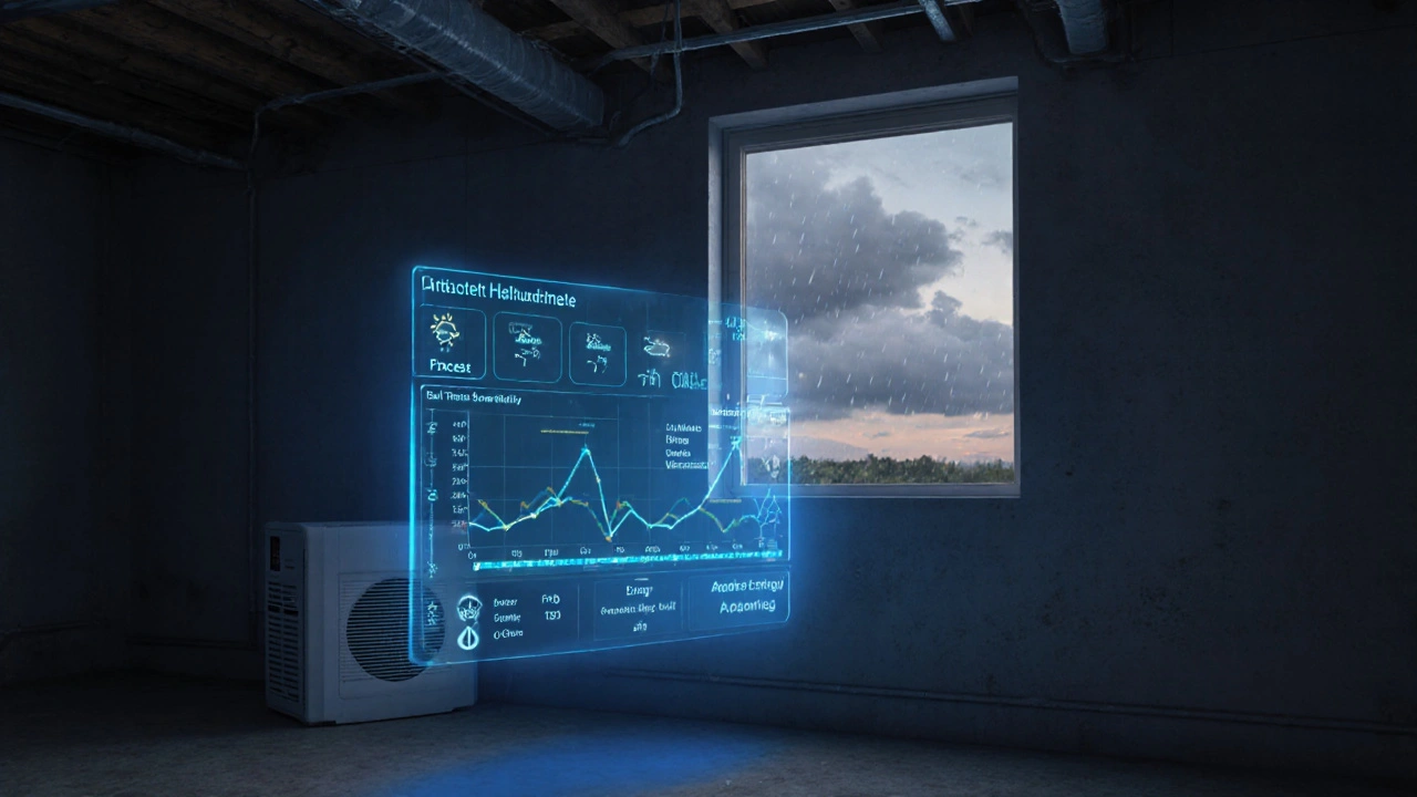 Zukunftsorientierte Smart-Home-Darstellung einer KI-gesteuerten Kellerlüftung mit holographischer Anzeige.