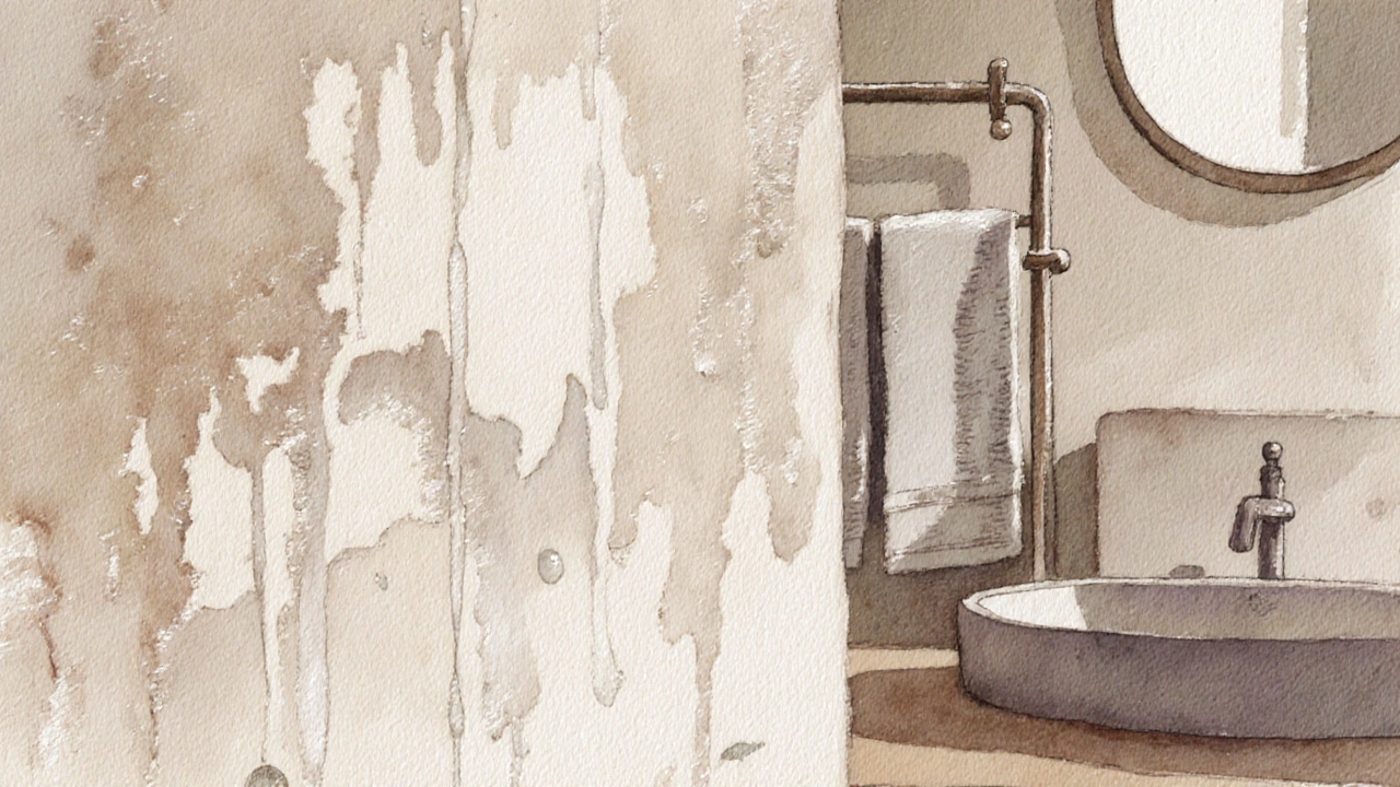 Badezimmer mit kalkbasiertem Putz, ein Tropfen rinnt über die strukturierte Wand, keine Schimmelbildung.