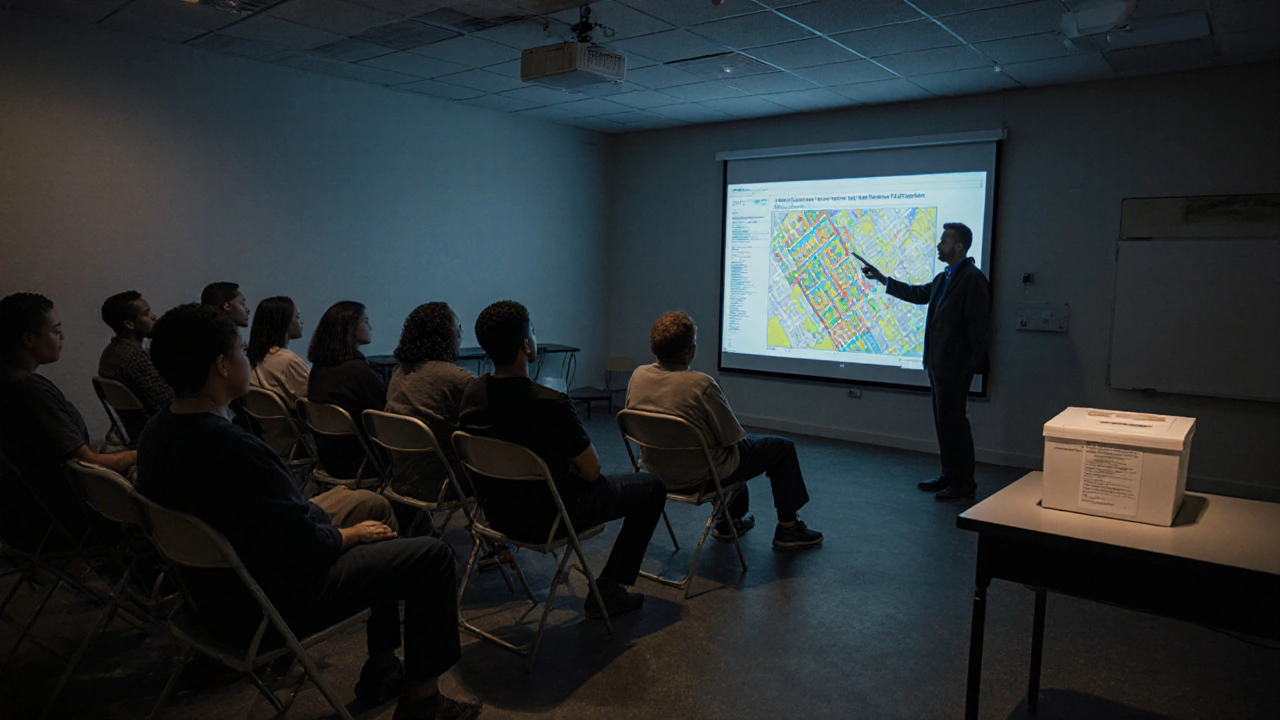 Bürger in einem Gemeindesaal beobachten eine digitale Zoneneinteilung während einer Sitzung.