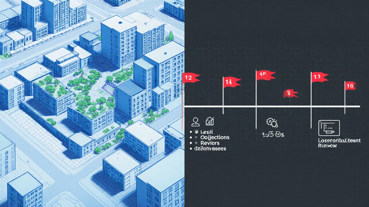Digitale Darstellung eines geplanten Wohngebietes neben einem Verzögerungs-Timeline mit Hindernissen.
