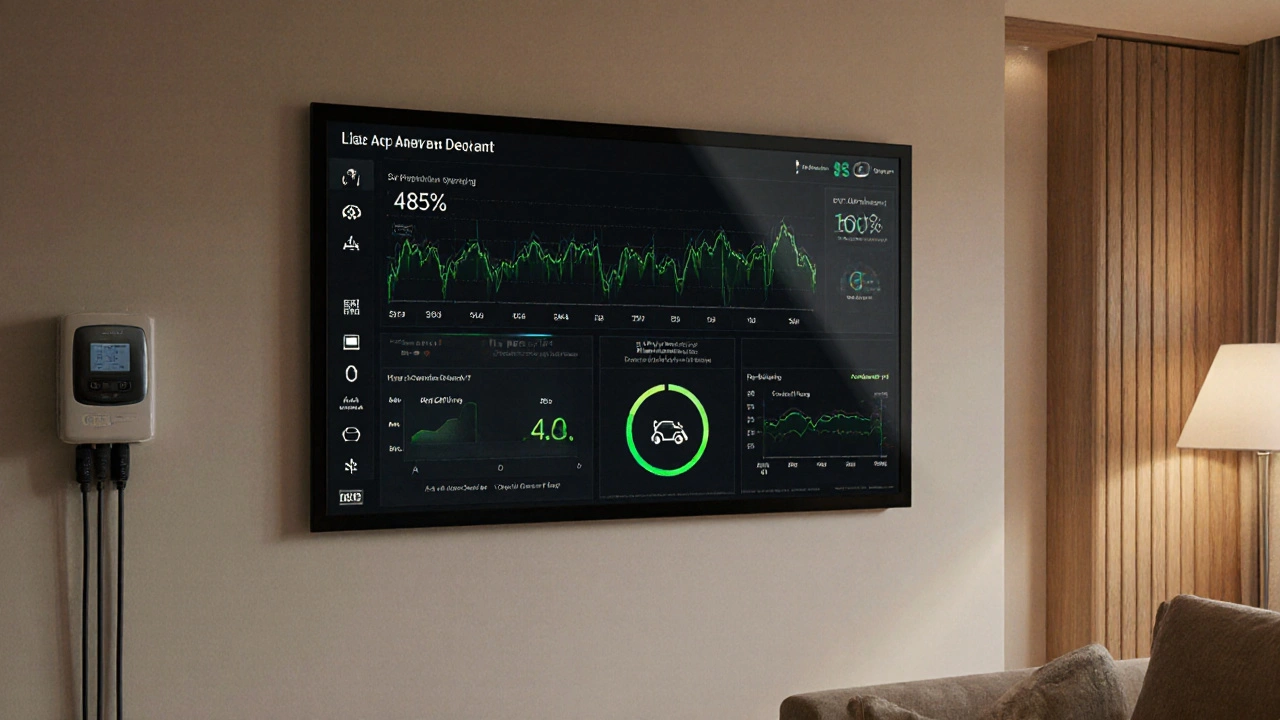 Digitaler Energiemanagement-Display zeigt Sonnenstrom, Batterieladung und Wärmepumpe in Echtzeit.