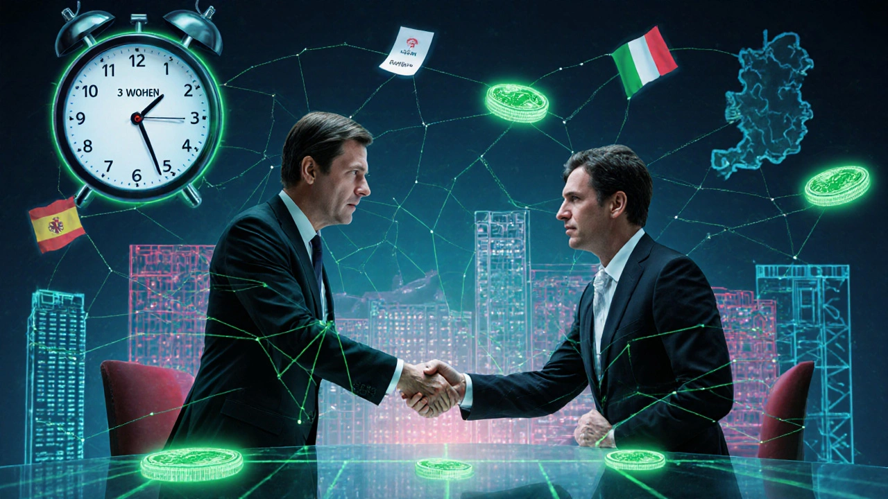 Ein deutscher Notar und ein ausländischer Anwalt tauschen digitale Grundbuchdaten aus, während europäische Immobilien symbolisch verbunden sind.