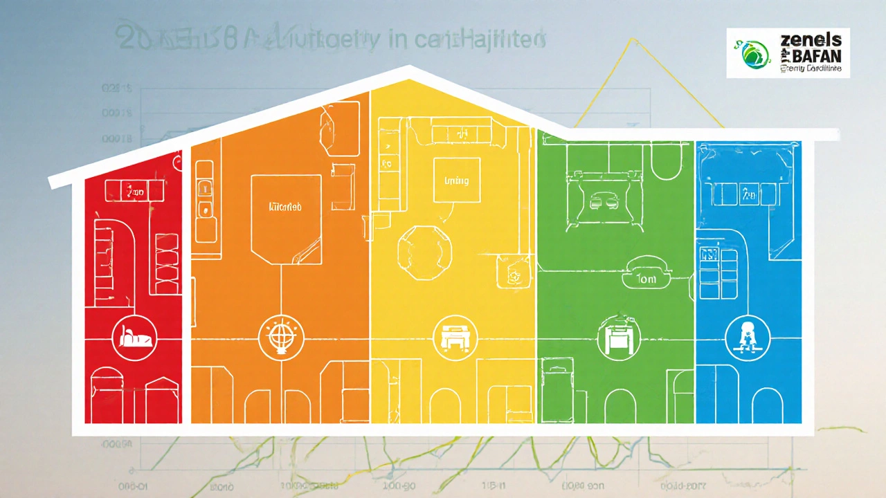 Ein farbcodierter Grundriss eines Hauses zeigt die Prioritäten der Zimmerrenovierung mit Symbolen für Kosten, Trockenzeit und Energieeffizienz.