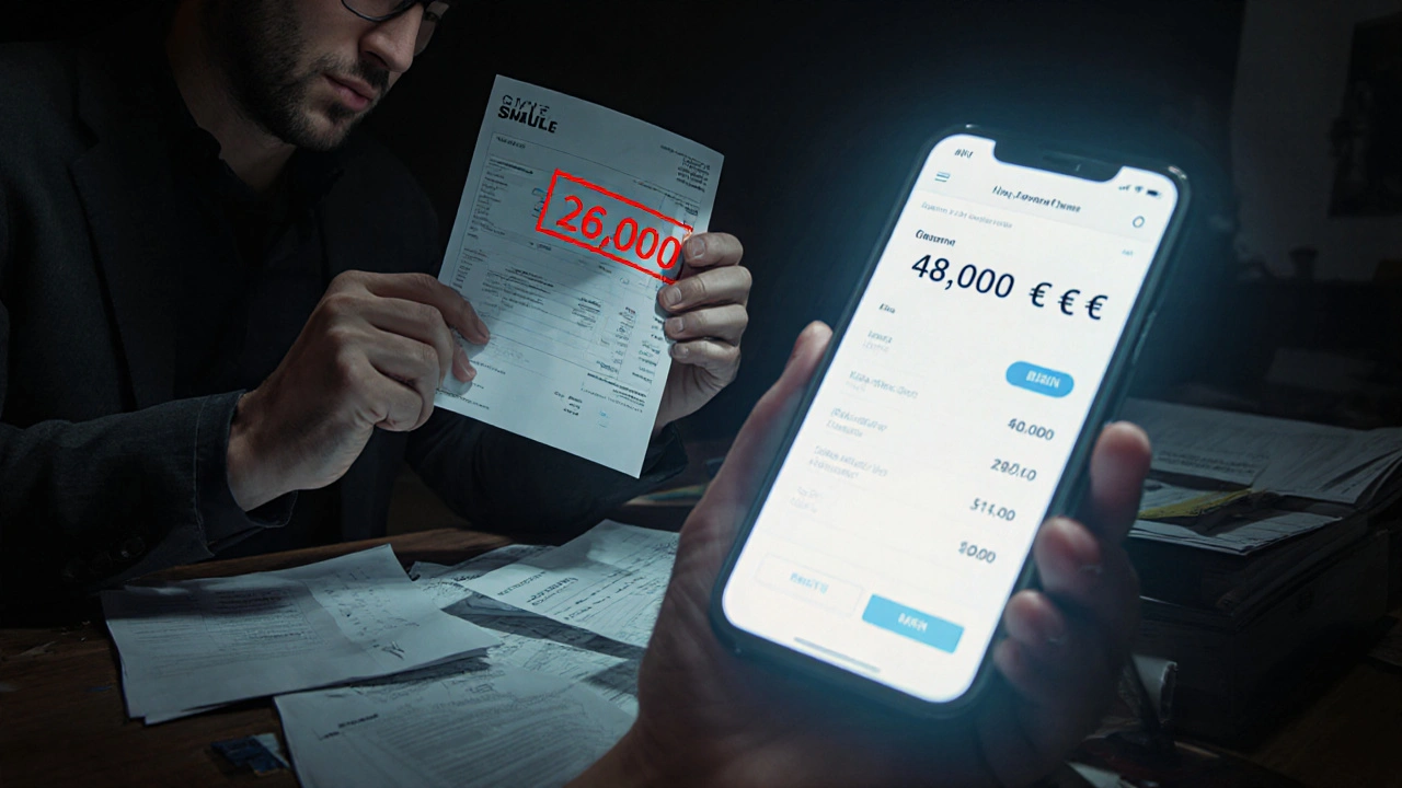 Ein Käufer hält eine hohe Steuerrechnung, während ein Smartphone einen präzisen Rechnerwert anzeigt.