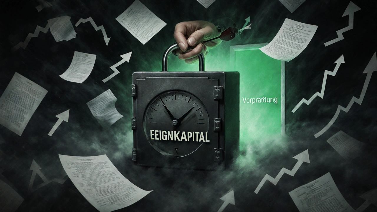 Ein Schlüssel in Form eines Hauses öffnet einen Safe mit dem Label &#039;Eigenkapital&#039;, umgeben von Finanzdokumenten und Zinspfeilen.
