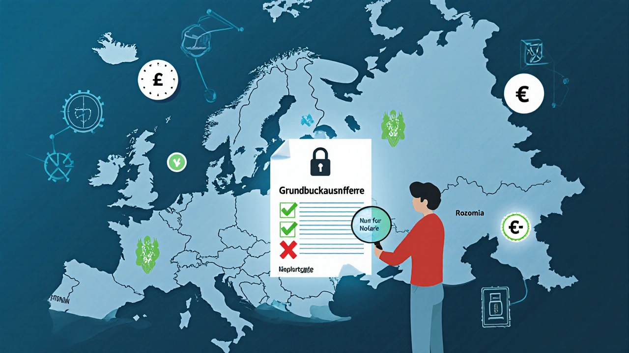 Eine Europakarte zeigt digitale Zugangsmöglichkeiten zum Grundbuch – grün für einfach, rot für eingeschränkt.