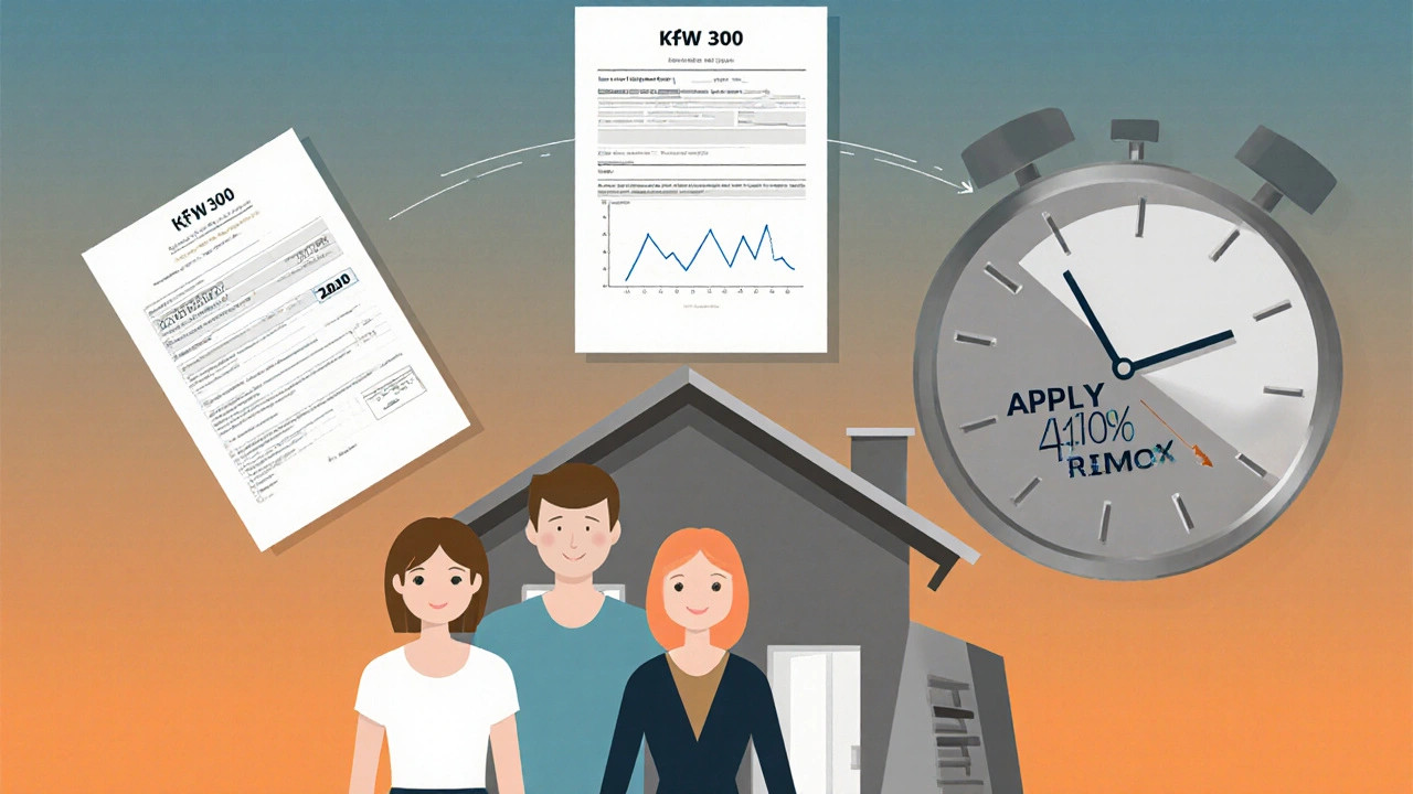 Eine Familie steht neben einem Haus, über ihnen schweben drei Informationsfelder mit KfW-Förderung, Zinsen und Zeitdruck.