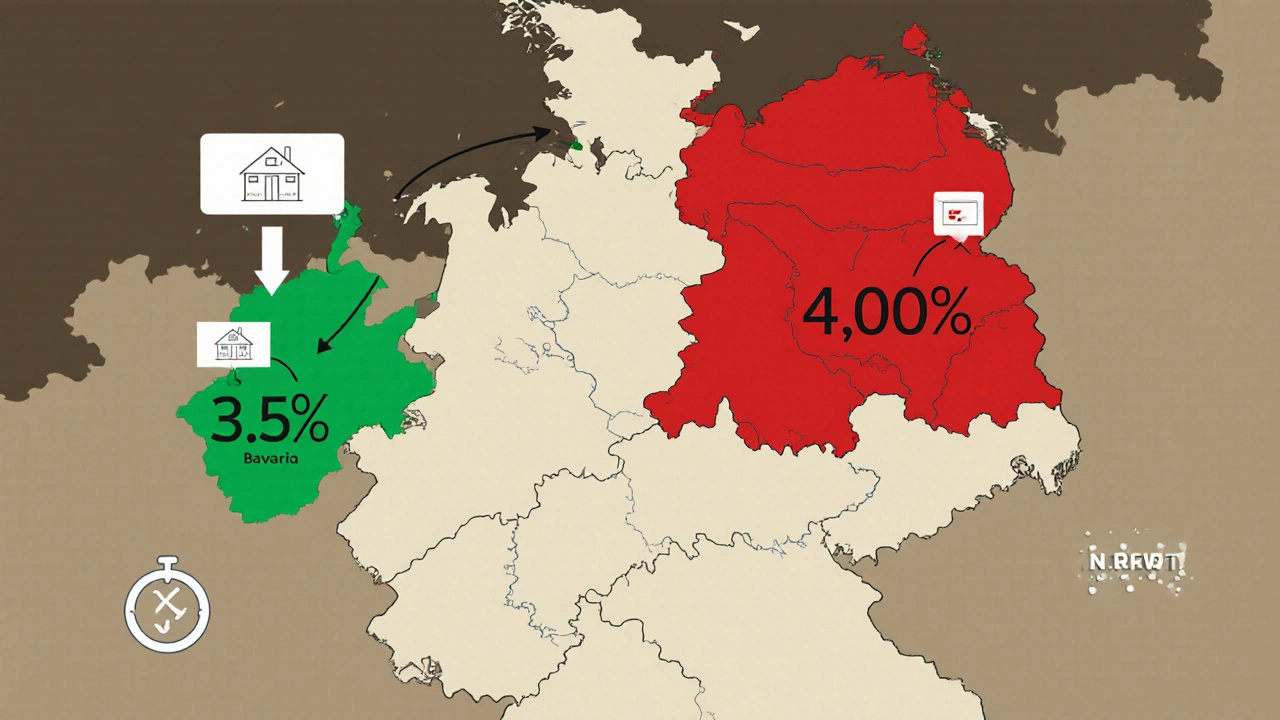 Eine farblich gekennzeichnete Deutschlandkarte zeigt die unterschiedlichen Grunderwerbsteuersätze der Bundesländer.