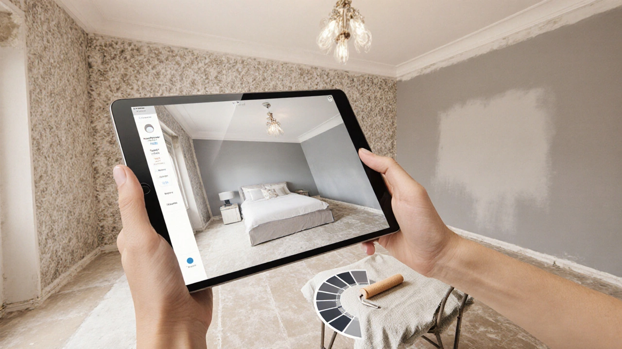 Eine Person verwendet eine AR-App auf einem Tablet, um Wandfarben in einem Schlafzimmer virtuell zu testen, während der Raum noch renoviert wird.