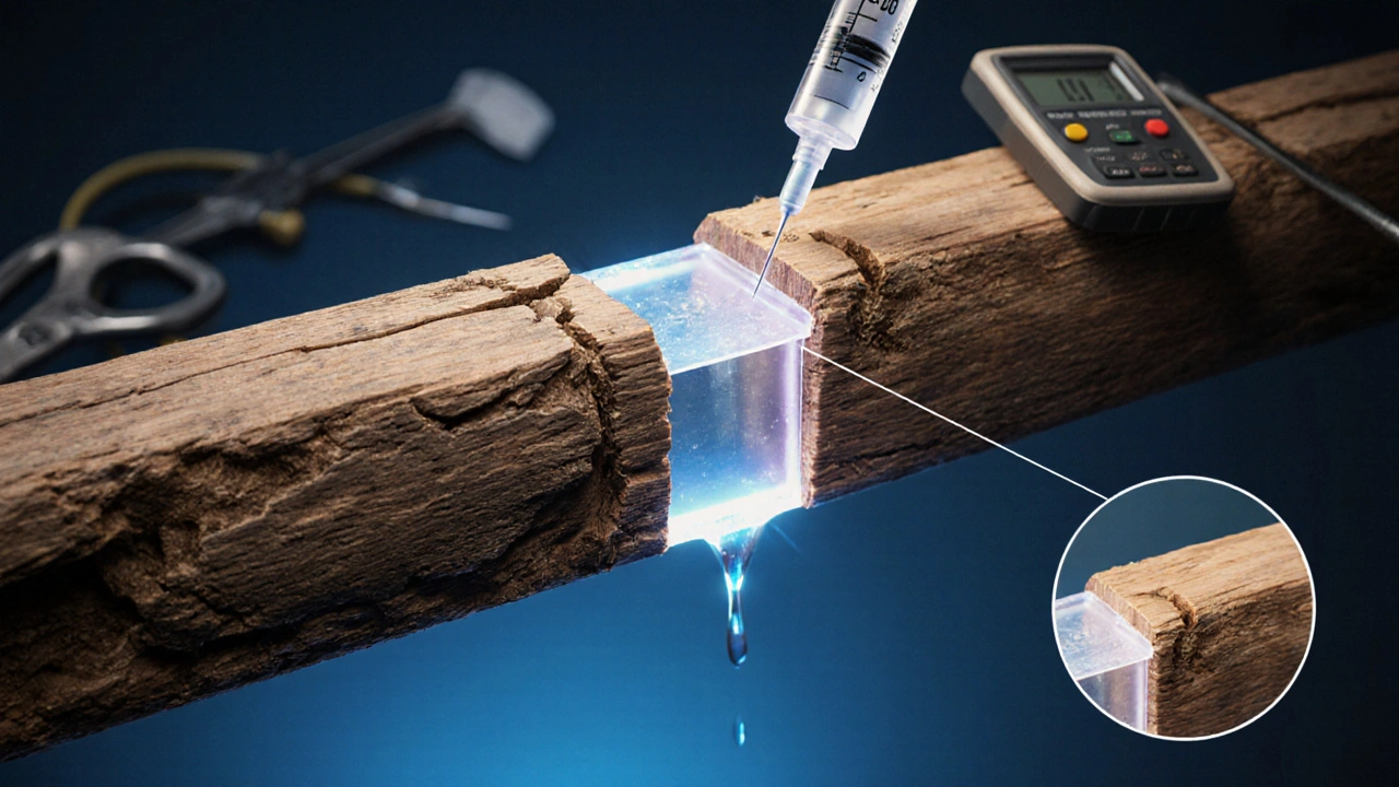 Epoxidharz dringt in morsches Holz ein und verstärkt es von innen, sichtbar nur durch leichten Glanz.