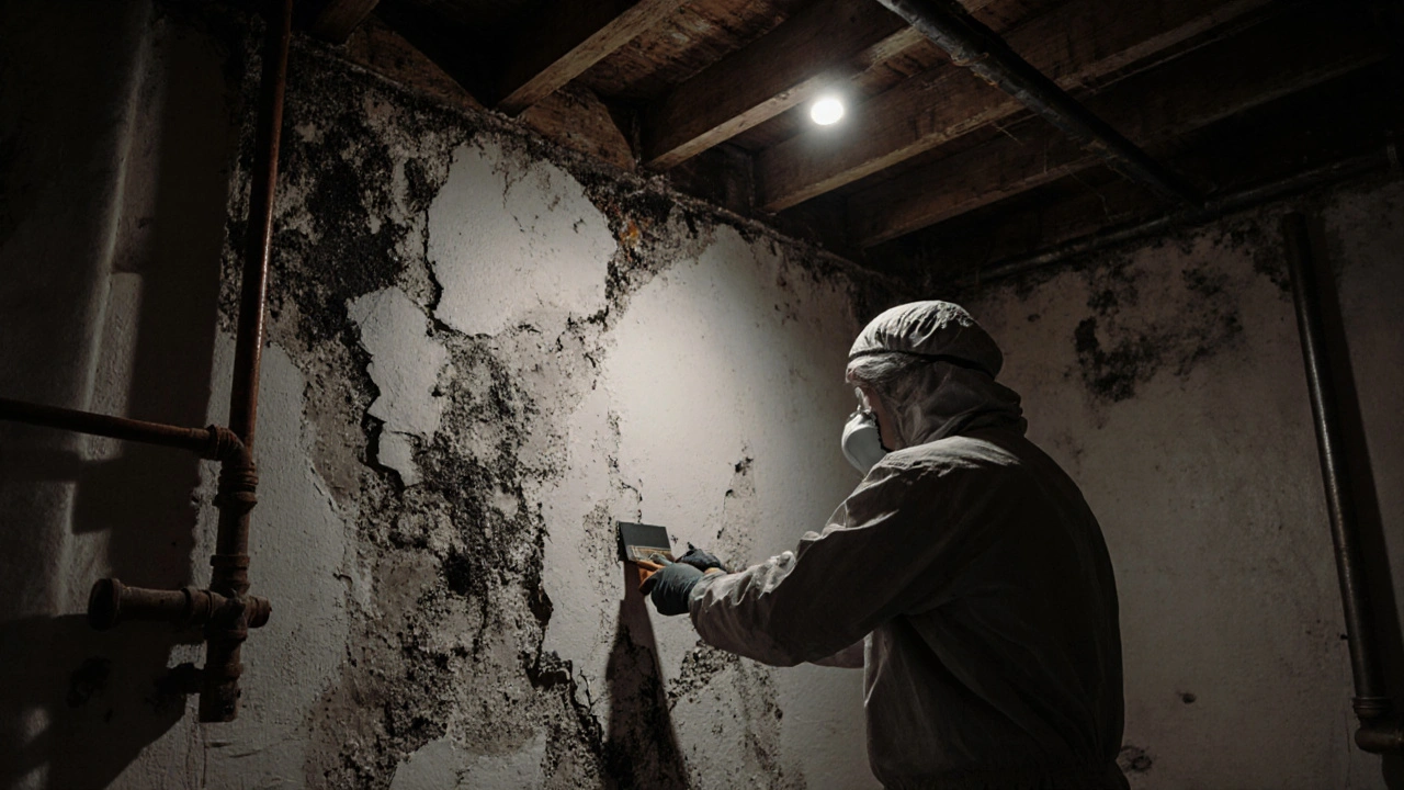 Fachmann entfernt schimmelbefallene Wand und rostige Rohre, Feuchtigkeitsschaden deutlich sichtbar.