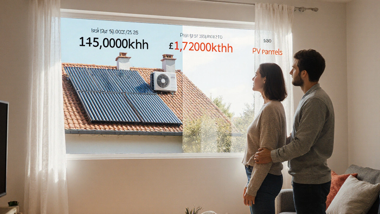 Family looking out a window at solar thermal collectors on the roof, with a digital display showing reduced gas consumption and future PV transition.