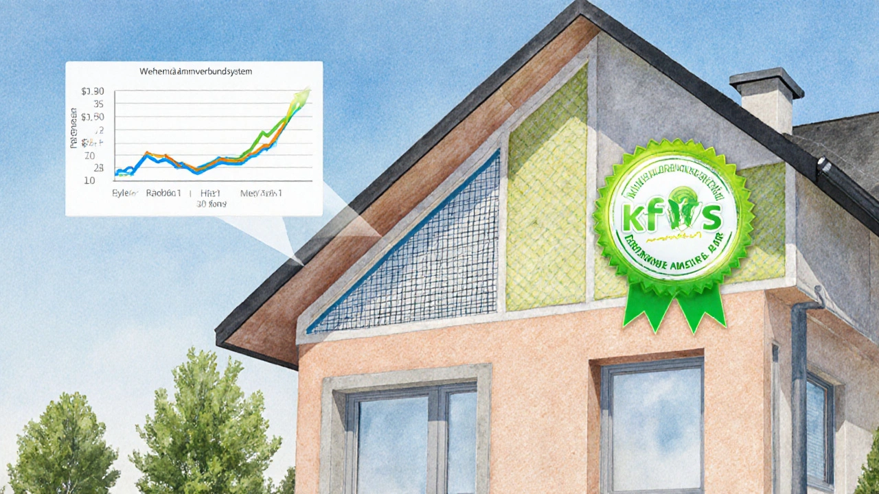 Fassadendämmung mit WDVS in Querschnitt, mit KfW-Förderungssymbol und sinkenden Heizkosten-Grafik.