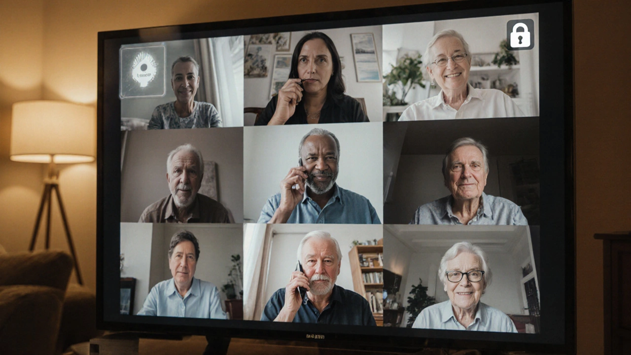 Gruppe von Wohnungseigentümern in einer sicheren Online-Versammlung.