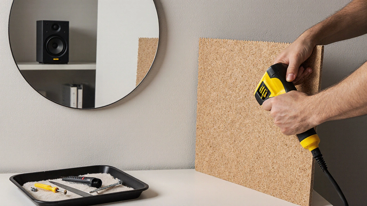 Hände installieren Akustikpaneele mit speziellem Kleber, Spiegel zeigt Lautsprecherreflexionspunkt.