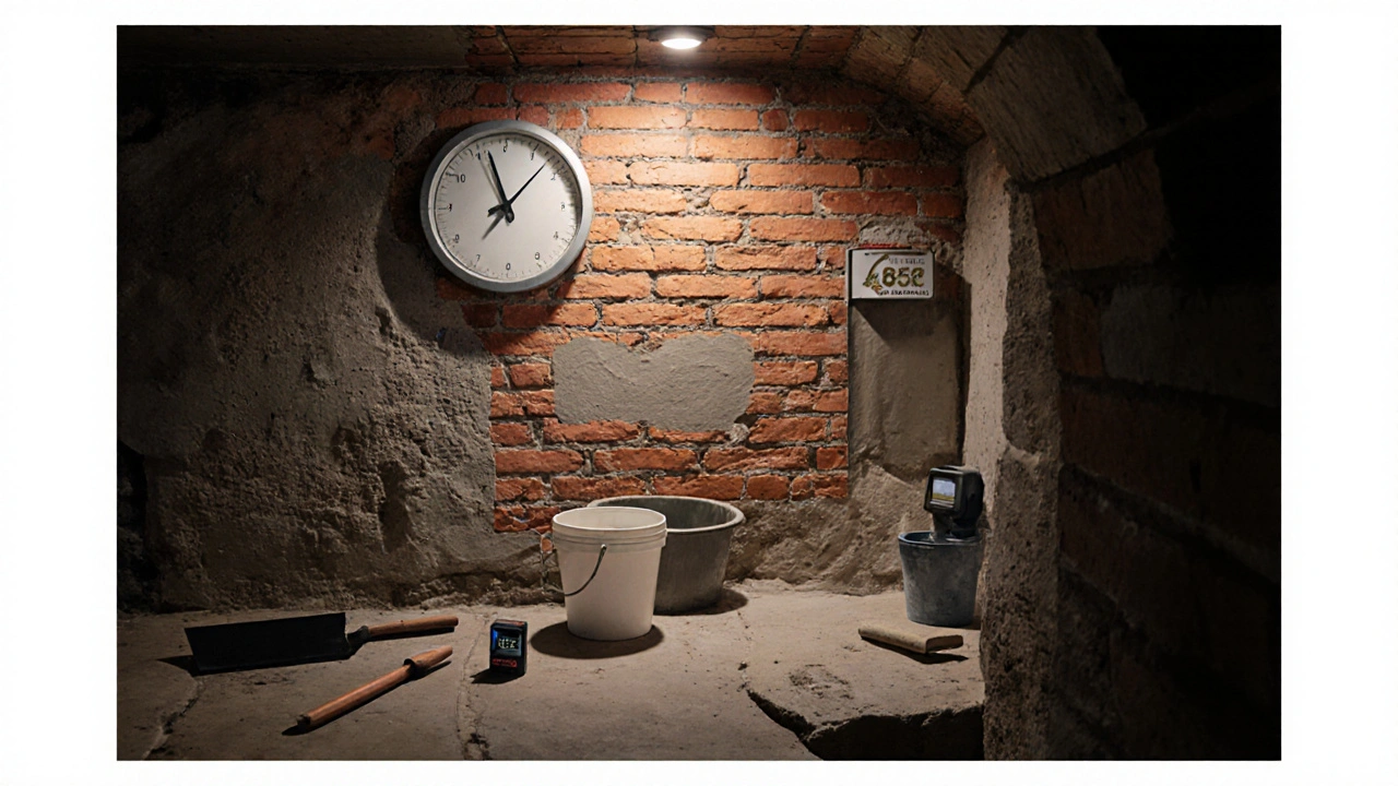 Handwerker trägt Sanierputz in einem Keller auf, Werkzeuge und Trockenzeit-Timer sichtbar.