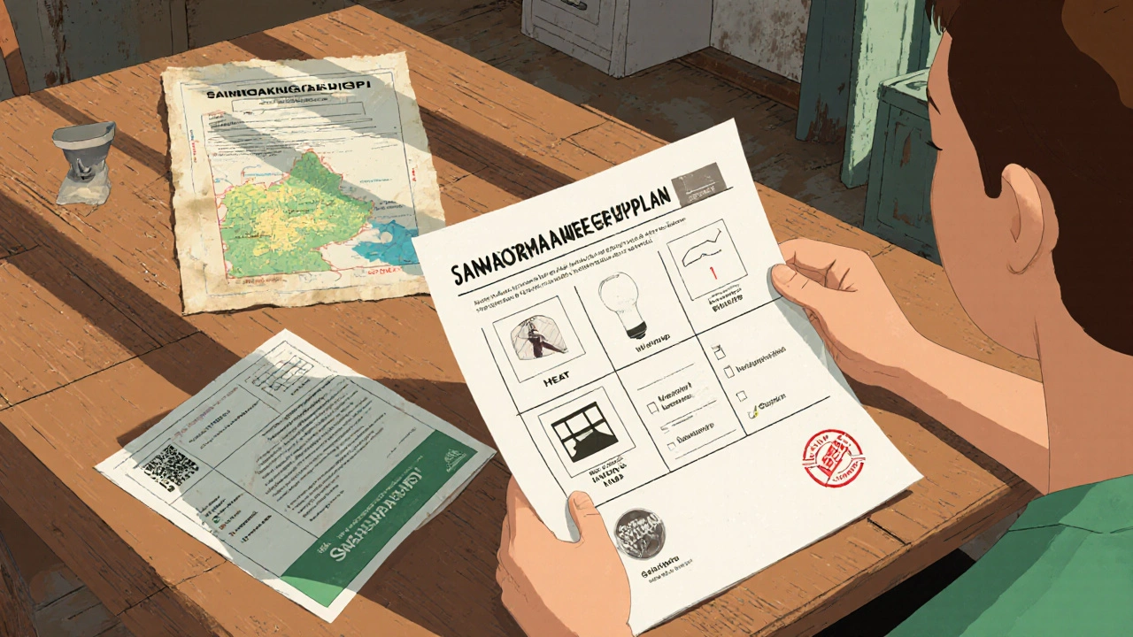 Hausbesitzer studiert Sanierungsfahrplan mit Empfehlungen und Förderformularen.