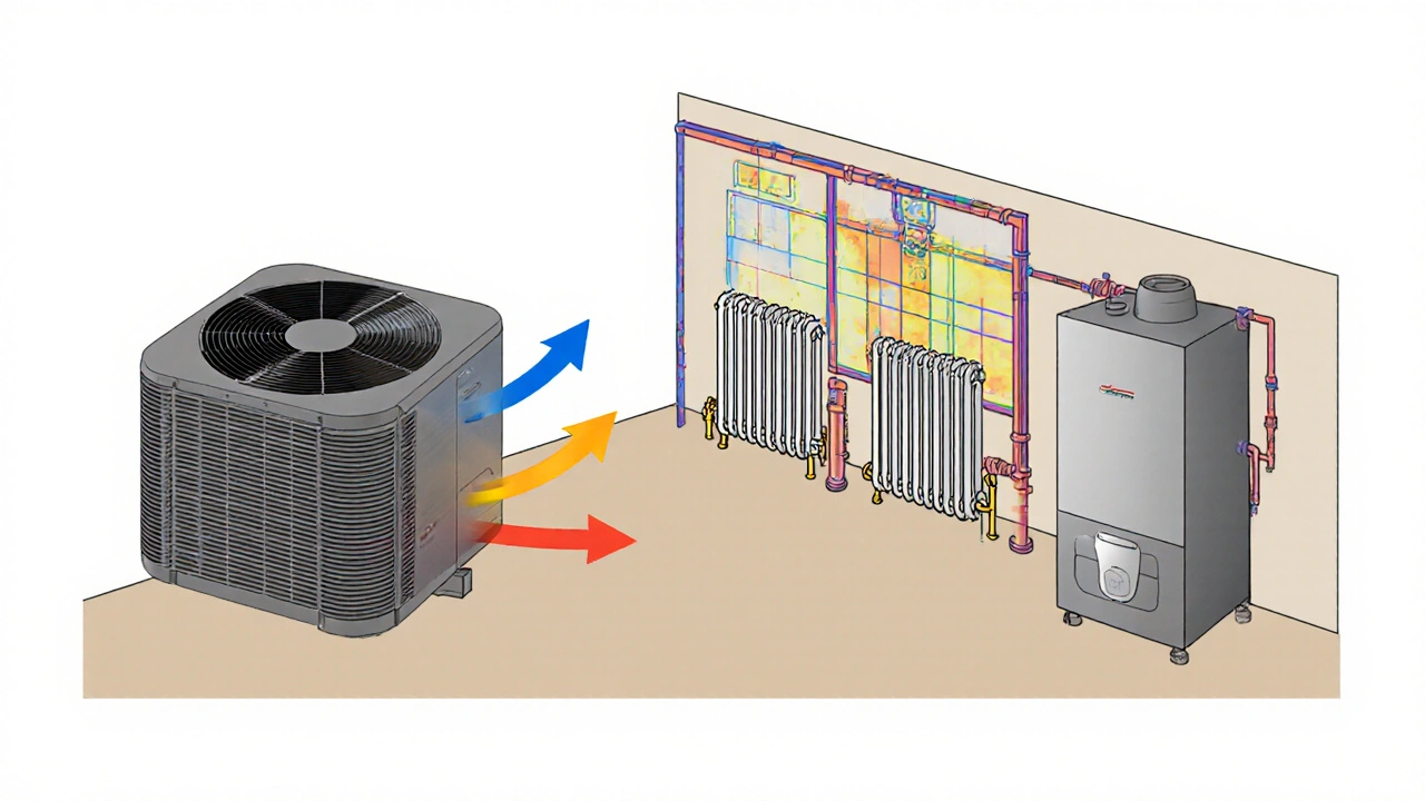 Hybrid-Heizsystem mit Wärmepumpe und Gasbrenner, verbunden mit traditionellen Heizkörpern in einem Altbau.