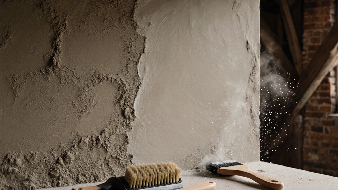 Hybridwand aus Lehm und Kalk, halb verarbeitet, Werkzeuge daneben, CO₂-Partikel steigen auf.