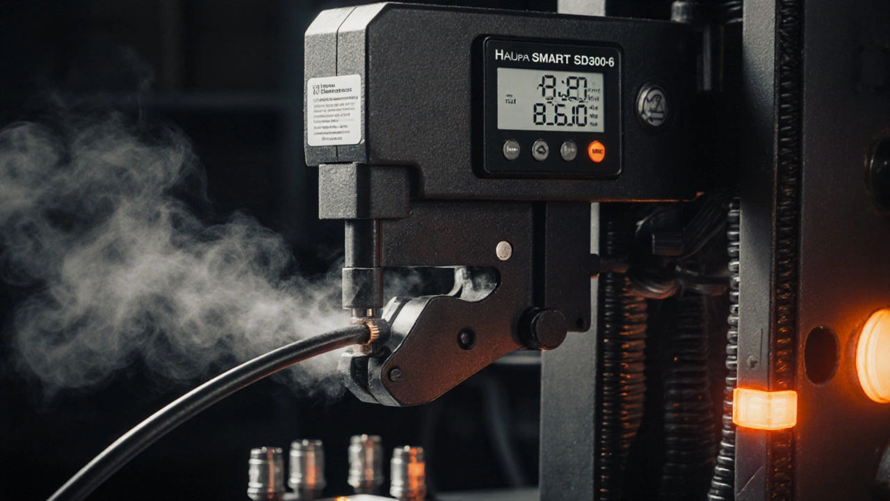 Hydraulische Crimpzange pressiert ein dickes Kabel mit digitaler Druckanzeige in einem Gewerbebau.