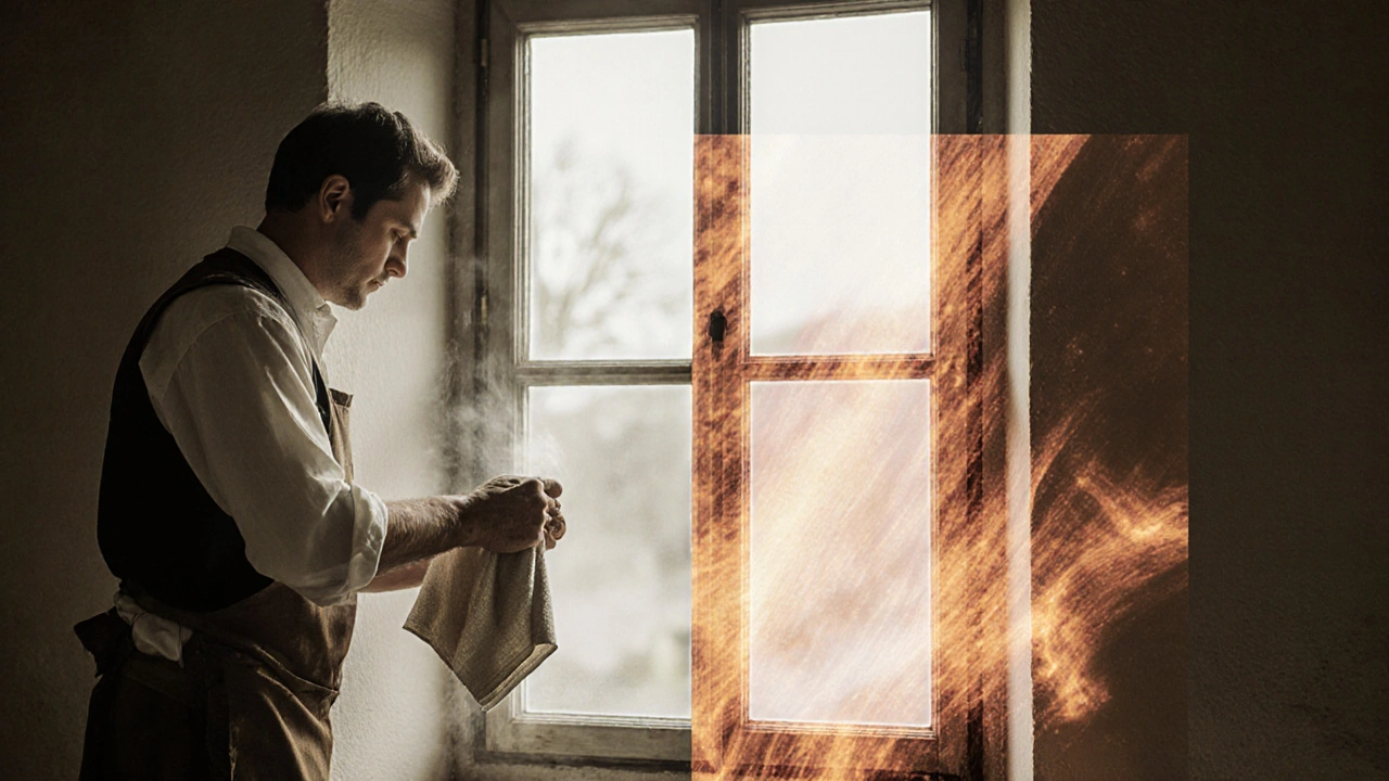 Kombination aus Handwerker beim Ölen von Holz und thermischer Bildgebung, symbolisierend Energieeffizienz durch Erhalt.